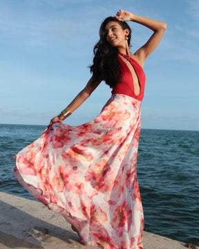 Sunset Bloom_model1 Des:Model is 5’8” D cup and wears size XS and US 2